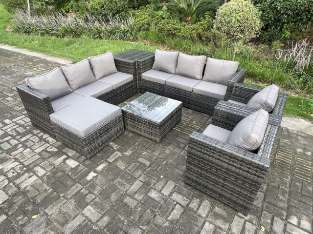 Fimous Outdoor Rattan Garden Furniture Set 9 Seater Patio Lounge Sofa Set with 2 Armchairs Side Table Square Coffee Table Big Footstool Dark - image 1