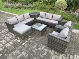 Fimous Outdoor Rattan Garden Furniture Set 9 Seater Patio Lounge Sofa Set with 2 Armchairs Side Table Square Coffee Table Big Footstool Dark - thumbnail 2