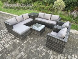 Fimous Outdoor Rattan Garden Furniture Set 9 Seater Patio Lounge Sofa Set with 2 Armchairs Side Table Square Coffee Table Big Footstool Dark - thumbnail 1