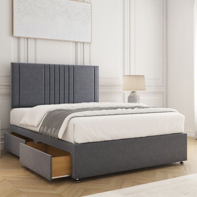 "BSSPOKE Monaco Velvet Divan Bed Set 24""Headboard 2 Drawers Footend & Mattress in Charcoal - Size: Small Double" - image 1