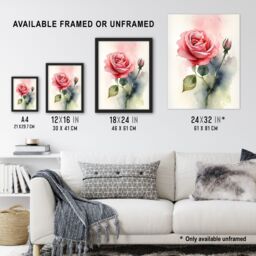 Artery8 Wall Art Print Rose Bloom Flower Soft Watercolour Painting Green Pink Single Bloom w/ Bud Elegant Spring Romance Nature Colourful Bright - thumbnail 3