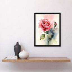 Artery8 Wall Art Print Rose Bloom Flower Soft Watercolour Painting Green Pink Single Bloom w/ Bud Elegant Spring Romance Nature Colourful Bright - thumbnail 4