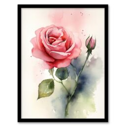 Artery8 Wall Art Print Rose Bloom Flower Soft Watercolour Painting Green Pink Single Bloom w/ Bud Elegant Spring Romance Nature Colourful Bright - thumbnail 1
