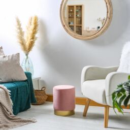 Harbour Housewares Velvet Round Pouffe Footrest Ottoman Stool - 29 x 36cm in Pink - Size: 29 x 36 cm - thumbnail 2