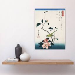 "Artery8 Camellia Nightingale Japanese Vintage Wall Art Print Hiroshige in Blue - Size: W24"" x H32""" - thumbnail 4