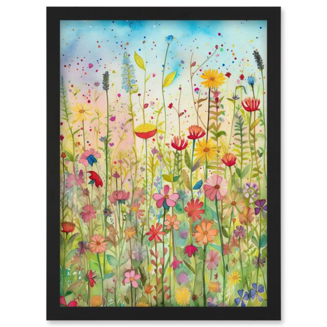 Artery8 Summer Wild Flower Blossom Meadow Folk Art Artwork Framed Wall Art Print A4 in Black - image 1