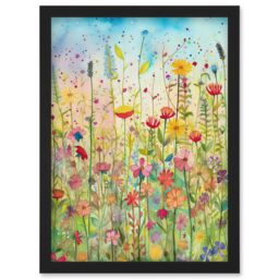 Artery8 Summer Wild Flower Blossom Meadow Folk Art Artwork Framed Wall Art Print A4 in Black - thumbnail 1