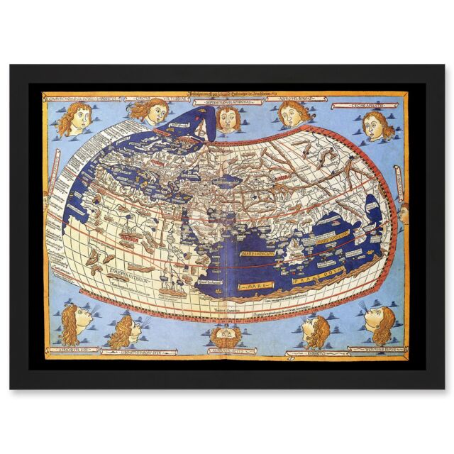 Artery8 Antique Map Nicolas 1482 Ptolemy 2nd Century World Pictorial Artwork Framed Wall Art Print A4 in Black - image 1