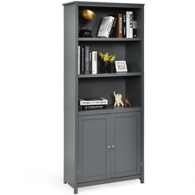 Costway Wooden Tall Bookcase 3-Tier Shelving Storage Cabinet 2 Doors Display Organizer in Grey - image 1