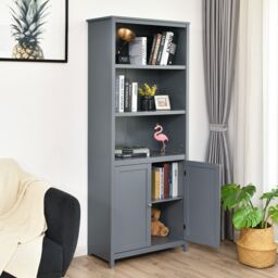 Costway Wooden Tall Bookcase 3-Tier Shelving Storage Cabinet 2 Doors Display Organizer in Grey - thumbnail 3