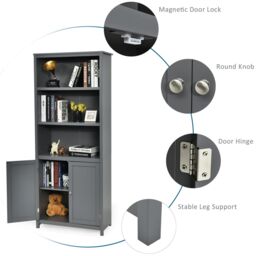 Costway Wooden Tall Bookcase 3-Tier Shelving Storage Cabinet 2 Doors Display Organizer in Grey - thumbnail 4