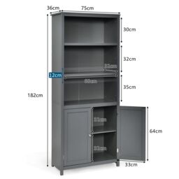 Costway Wooden Tall Bookcase 3-Tier Shelving Storage Cabinet 2 Doors Display Organizer in Grey - thumbnail 2