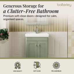Balterley Bathroom Floor 2-Door Vanity Unit & Fireclay Basin, Satin Green, 500mm in Green - thumbnail 3