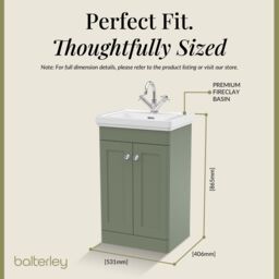 Balterley Bathroom Floor 2-Door Vanity Unit & Fireclay Basin, Satin Green, 500mm in Green - thumbnail 5