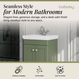 Balterley Bathroom Floor 2-Door Vanity Unit & Fireclay Basin, Satin Green, 500mm in Green - thumbnail 2