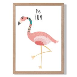 ARTZE Be Fun Flamingo Tribal Animal Quote Framed Print SIZE: A2 with Oak Frame in Pink - thumbnail 1