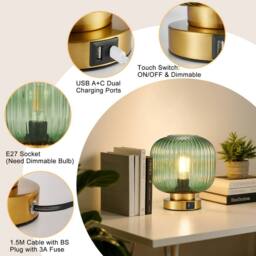 Harper Living Table Lamp, Touch Control Dimmable E27 Desk Lamp, Green Glass Shade - thumbnail 4