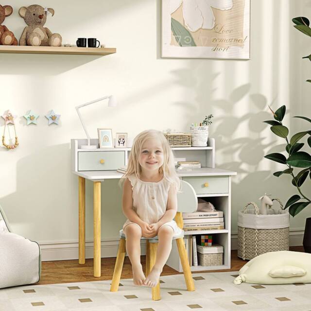 AIYAPLAY Kids Desk & Chair Set for Studying, Reading, Drawing in White - image 1