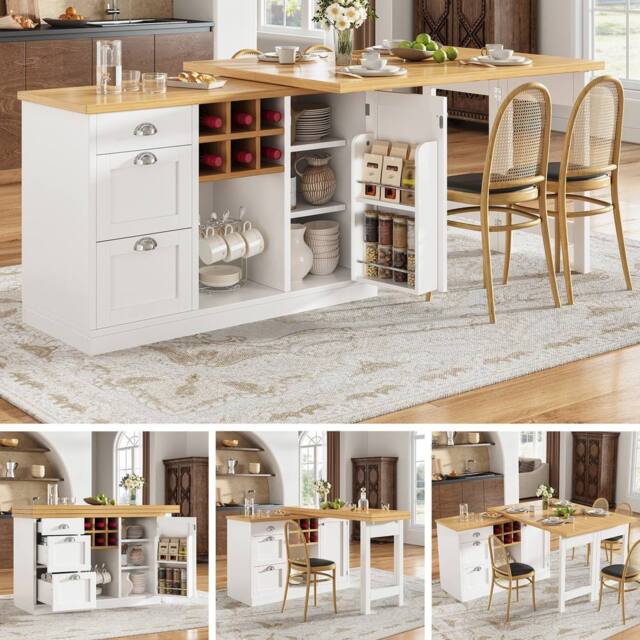 BTM Extendable Sideboard Dining Table Wine Rack Storage Drawers in White - image 1