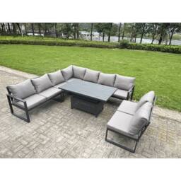 Fimous ALuminum 8 Piece Patio Set with Lifting Table & Cushions in Dark Grey - thumbnail 1