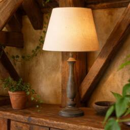 Wyld Haus Naples Farmhouse Rustic Grey Wooden Table Lamp with Cream Linen Shade in Beige - thumbnail 1