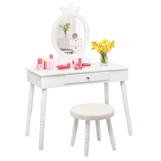 Gymax Vanity Table & Chair Set Pretend Makeup Dressing Table With Mirror in White - image 1