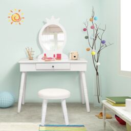 Gymax Vanity Table & Chair Set Pretend Makeup Dressing Table With Mirror in White - thumbnail 5