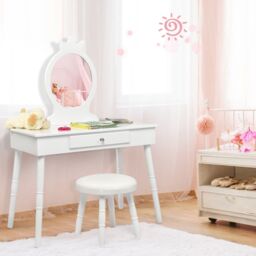 Gymax Vanity Table & Chair Set Pretend Makeup Dressing Table With Mirror in White - thumbnail 3