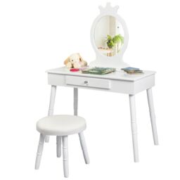 Gymax Vanity Table & Chair Set Pretend Makeup Dressing Table With Mirror in White - thumbnail 7