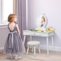 Gymax Vanity Table & Chair Set Pretend Makeup Dressing Table With Mirror in White - thumbnail 4
