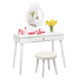 Gymax Vanity Table & Chair Set Pretend Makeup Dressing Table With Mirror in White - thumbnail 1