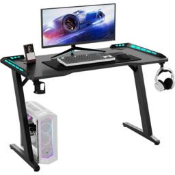 KEEPREAPER Stylish Computer Gaming Desk With LED Lights & Cup Holder in Black - thumbnail 1