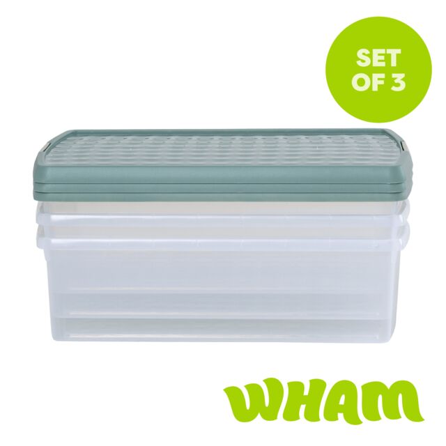 Wham Clip 3x 30L Rectangular Plastic Storage Boxes with Clip Lock Lids in Green - image 1