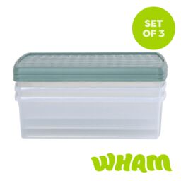 Wham Clip 3x 30L Rectangular Plastic Storage Boxes with Clip Lock Lids in Green