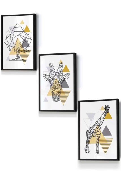 ARTZE Geometric Line Art Yellow Giraffe Tree Set Framed Wall Art - Small in Black - Size: W33 cm x H45 cm x D20mm - image 1