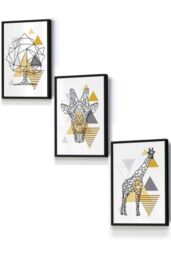 ARTZE Geometric Line Art Yellow Giraffe Tree Set Framed Wall Art - Small in Black - Size: W33 cm x H45 cm x D20mm - thumbnail 1