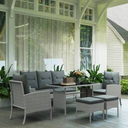 OUTSUNNY 6 Pieces Rattan Garden Furniture Sofa Set with Cushions, Grey