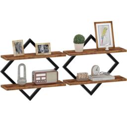 Nordara Wall Mounted Display Shelf 2 Tiered Wooden Shelves Black Frame in Brown - thumbnail 3