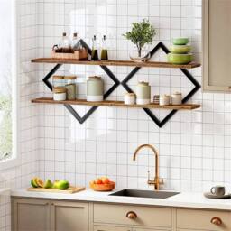 Nordara Wall Mounted Display Shelf 2 Tiered Wooden Shelves Black Frame in Brown