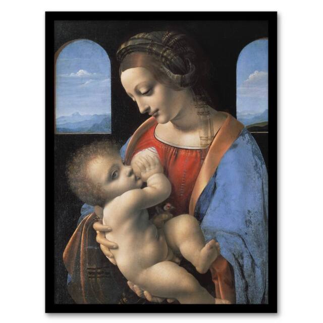 Artery8 Madonna Litta Virgin Mary da Vinci Vintage Framed Wall Art Print in Blue - Size: A4 - image 1