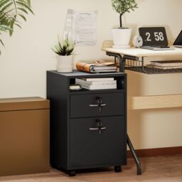 HOMCOM 60cm Filing Cabinet with Drawers & Open Shelf, Black - thumbnail 1