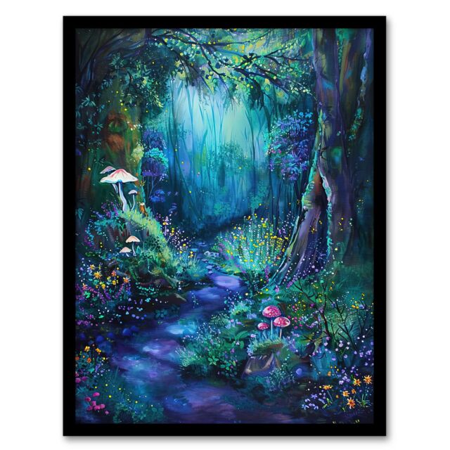 Artery8 Enchanted Forest Bioluminescent Fantasy Magical Framed Art Print in Blue - Size: A4 - image 1