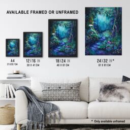 Artery8 Enchanted Forest Bioluminescent Fantasy Magical Framed Art Print in Blue - Size: A4 - thumbnail 3