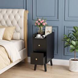 FORGEVIO Black 2 Drawers Bedside Cabinet Bedroom Side Table - thumbnail 2