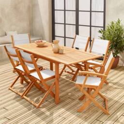 sweeek 6-seater Extendable Wooden Garden Table Set With Chairs in Light Brown - thumbnail 1
