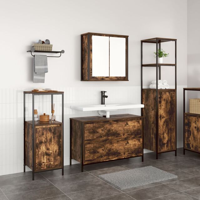 Berkfield Home 3 Piece Bathroom Furniture Set Smoked Oak Engineered Wood in Brown - image 1