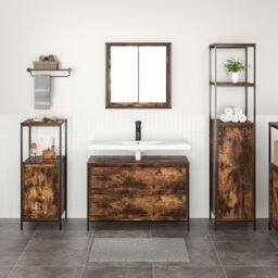 Berkfield Home 3 Piece Bathroom Furniture Set Smoked Oak Engineered Wood in Brown - thumbnail 4