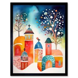 "Artery8 Wall Art Print Winter Churchyard Snowfall Trees Folk Art Framed in Black - Size: W12"" x H16""" - thumbnail 1