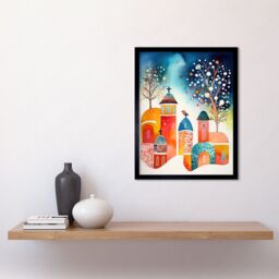 "Artery8 Wall Art Print Winter Churchyard Snowfall Trees Folk Art Framed in Black - Size: W12"" x H16""" - thumbnail 2