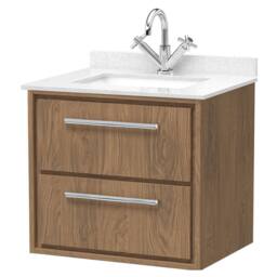 Balterley Longnor 2 Drawer Wall Hung Vanity Basin Unit, Antique Oak, 600mm in Brown - thumbnail 1